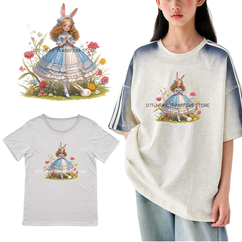 Victoria girl with rabbit ears on her head Iron On Patch Heat Transfer On Children's clothing dtf transfers ready to press