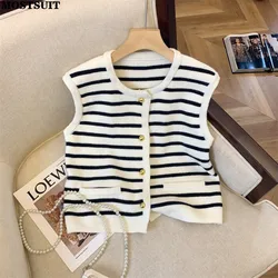 Vintage Fashion Knit Cardigan Vests Women Single-breasted Sleeveless Tops Elegant Stylish Chic Ladies Jumpers Knitwear 2024