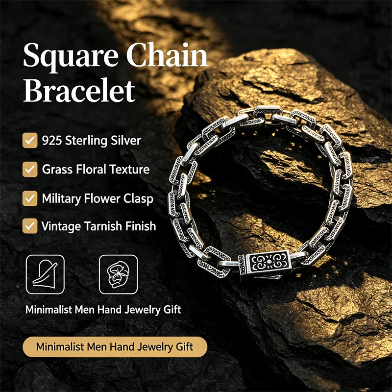 OUYADI Vintage 925 Sterling Silver Men Bracelet Minimalist Square Chain Grass Grain Carved Style Clasp Hand Jewelry Gift