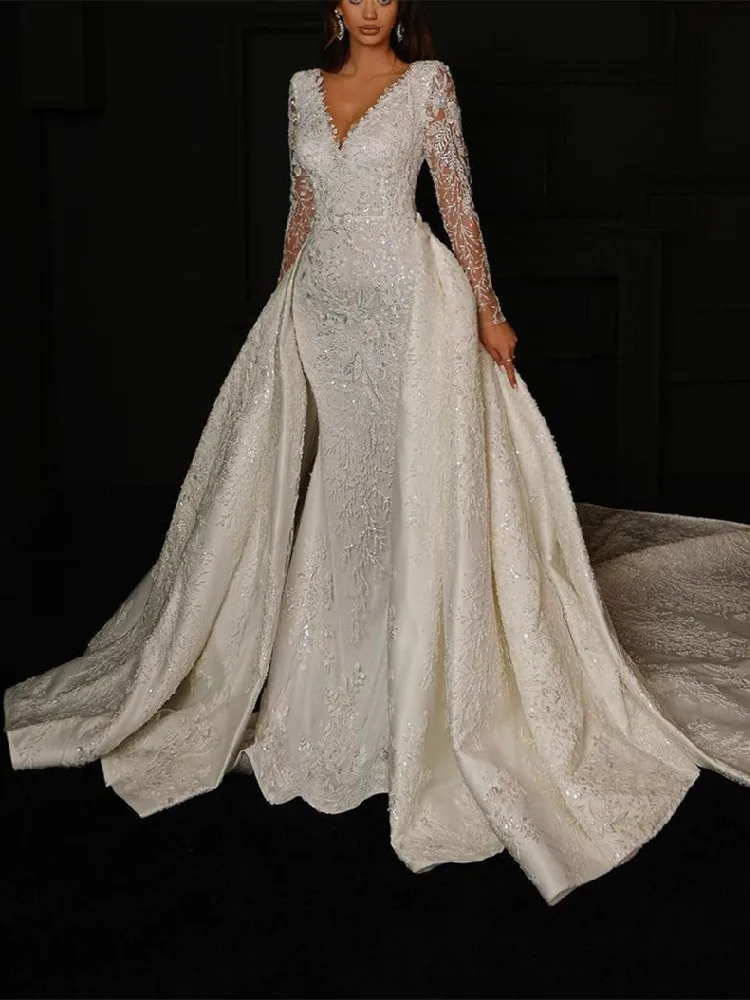 

Elegant Mermaid Wedding Dresses Long Sleeves V Neck Sequins Appliques Beaded Lace Detachable Train Bridal Gowns Vestina De Novia