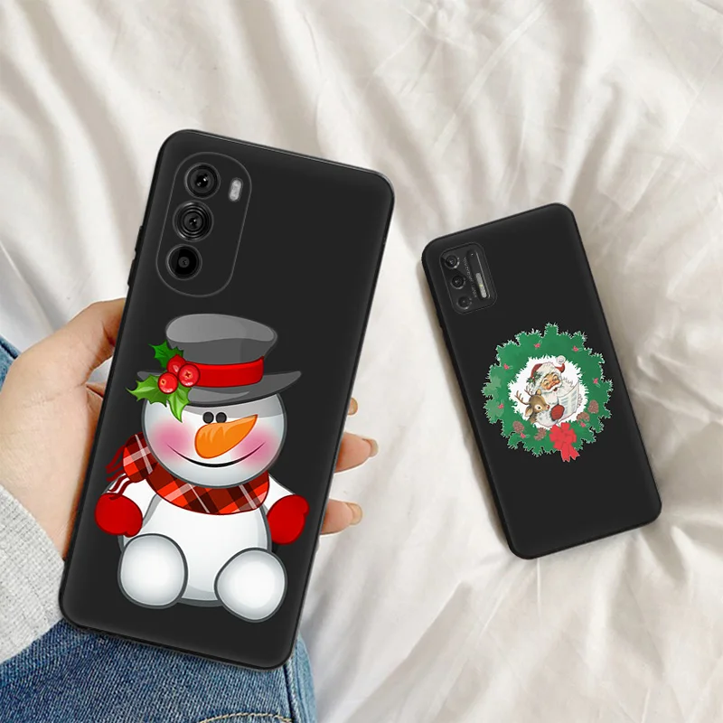 Soft Cases for Motorola Moto G52 G60 G73 G72 G53 G32 G22 G71 G51 G50 G31 G30 Santa Claus Snowman Black Phone Case G9 Power Cover