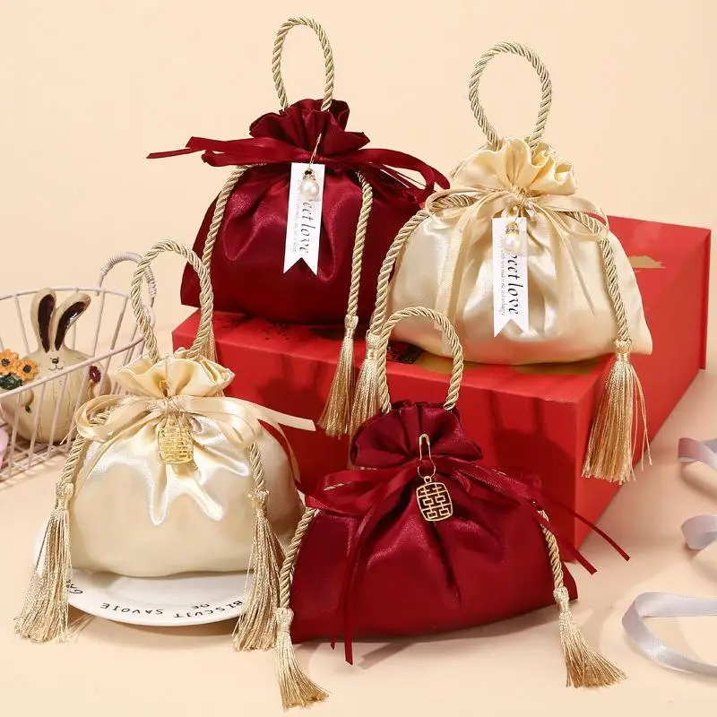 Multi-purpose Satin Candy Drawstring Bag Tassel Decor Soft Cloth Gift Pouch for Wedding Party Home Jewelry Storage