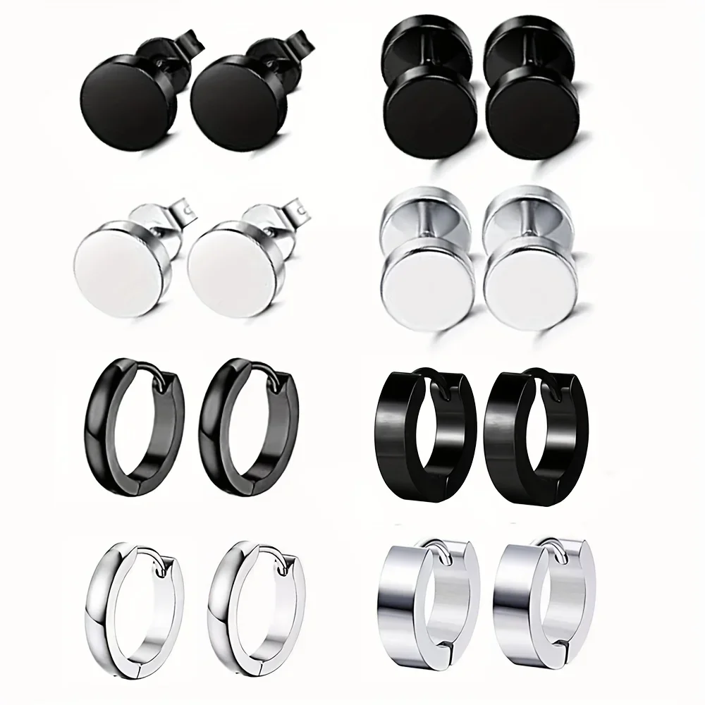 8 Pairs/Set Stainless Steel Hoop Earrings Stud Earrings For Men And Women, Punk Huggie Ear Piercing Earring Set