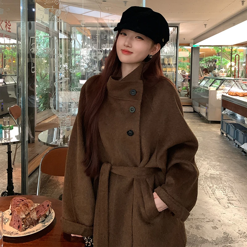 Female Short Mandarin Collar Wool Warm Woolen Coat Korean Style Small Stature Brown Versatile Slim Double-Faced Cashmere Jacket
