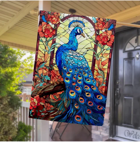 Stained Glass Style Peacock Durable Burlap Garden Flag,  12'x18