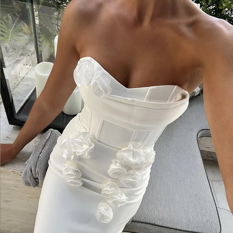 Vestido de vendaje de media pantorrilla sin tirantes para mujer, vestido floral Sexy, vestido de fiesta de cumpleaños, celebración de vacaciones, Color blanco, recién llegado