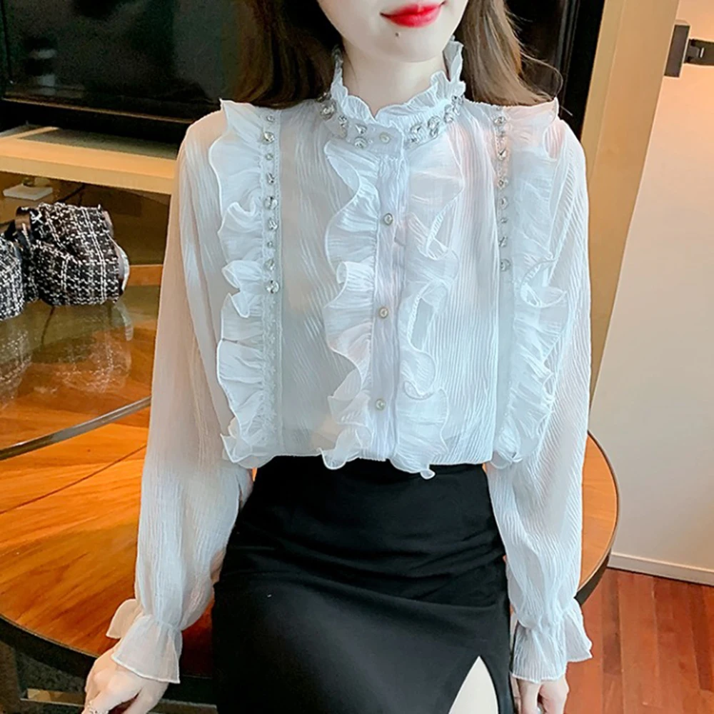 Heavy Wooden Ear Beaded Stand Single-Breasted Shirt for Women 2022 Spring New Fashion Sweet Fairy Lace Flare Sleeve Blouse