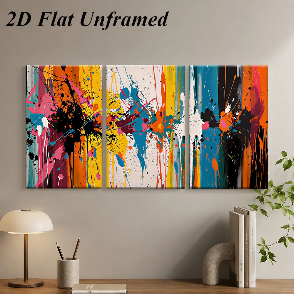 3PCS Frameless,1 set of modern abstract triptych frameless decorative paintings, high saturation color splashed ink art painting