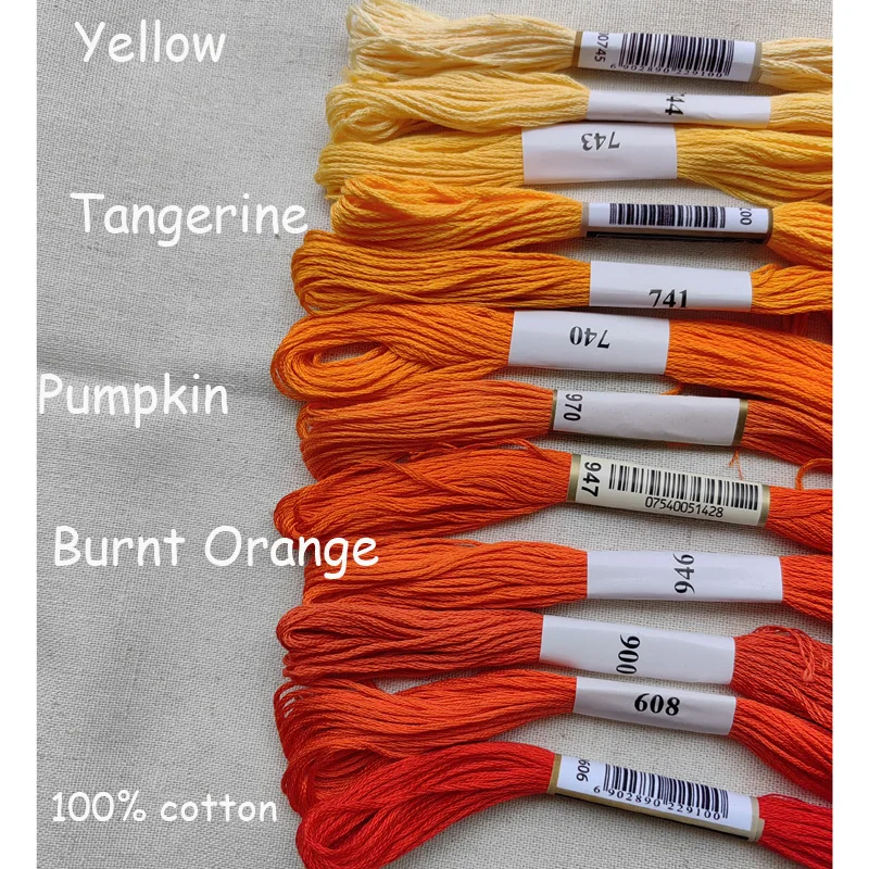 Quality 100% Cotton Cross Stitch Embroidery Thread Yarn Yellow Pumpkin Orange 608 900 946 947 970 3825 740 741 742 743 744 745