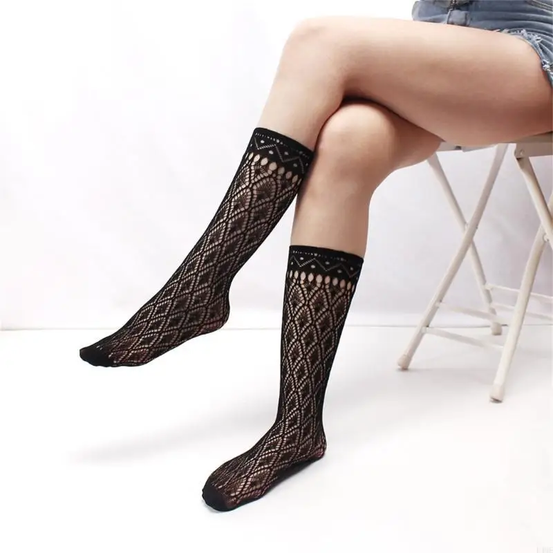 

L4ME Stylish Middle Calf Socks Fashion Patterned Hollowout Socks for Women