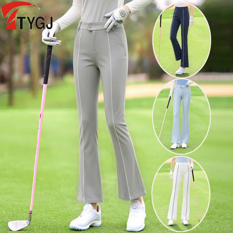 

Ttygj Golf Pants Women Striped Sports Long Pants with Zipper Pocket Ladies Elastic Breathable Flare Trousers Leisure Sportswear