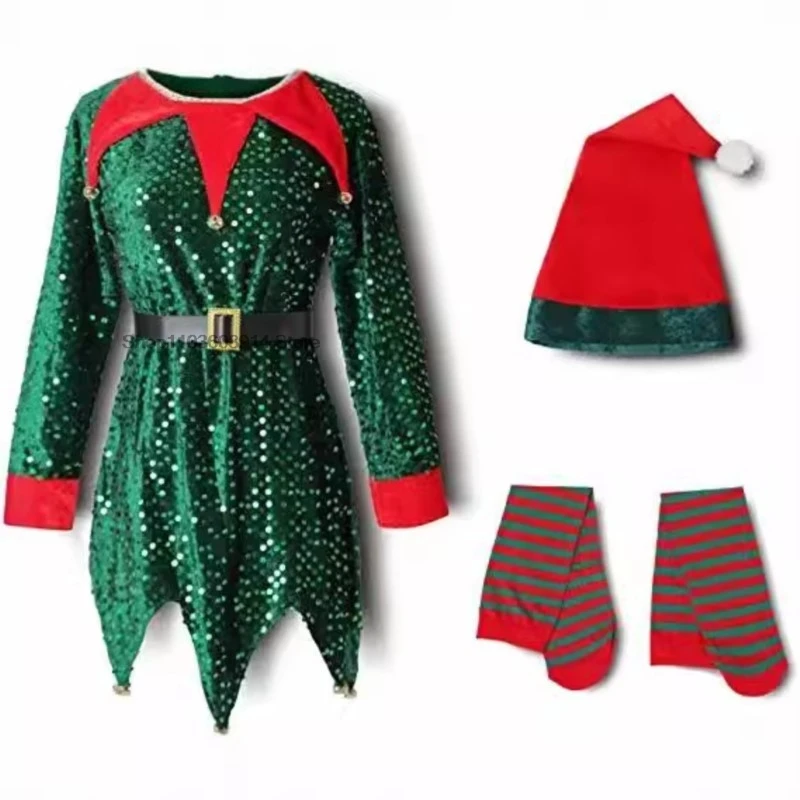 Christmas Elf Costume Santa's Helper Costume Sequin Elf Dress Set Christmas Festive Christmas Carnival Cosplay Outfits