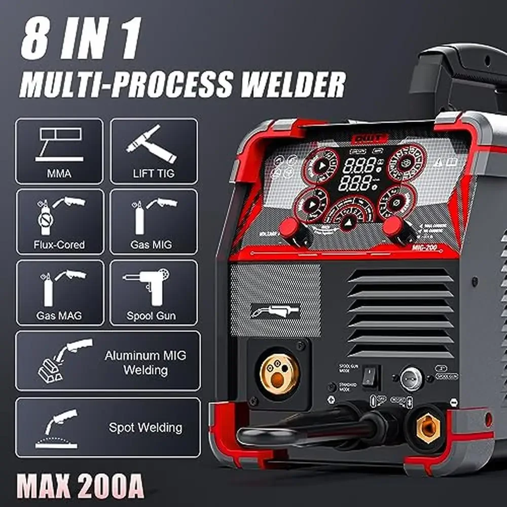 200Amp 8 in 1 Gas MIG/Gasless Flux Core MIG/Stick/Lift TIG/Spot Welding Aluminum Welder Dual Voltage 110/220V Adjustable LED