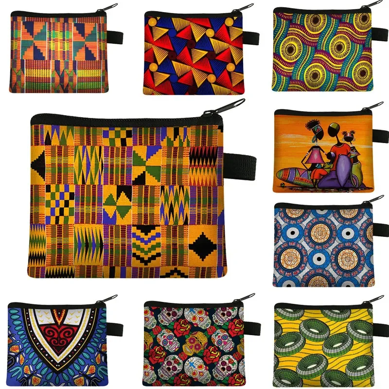 African Print Women Key Coin Purse Mini Cute Zipper Girl Coin Wallet Ladies Portable Wallet Afro  Dancer Credit Card Pouches