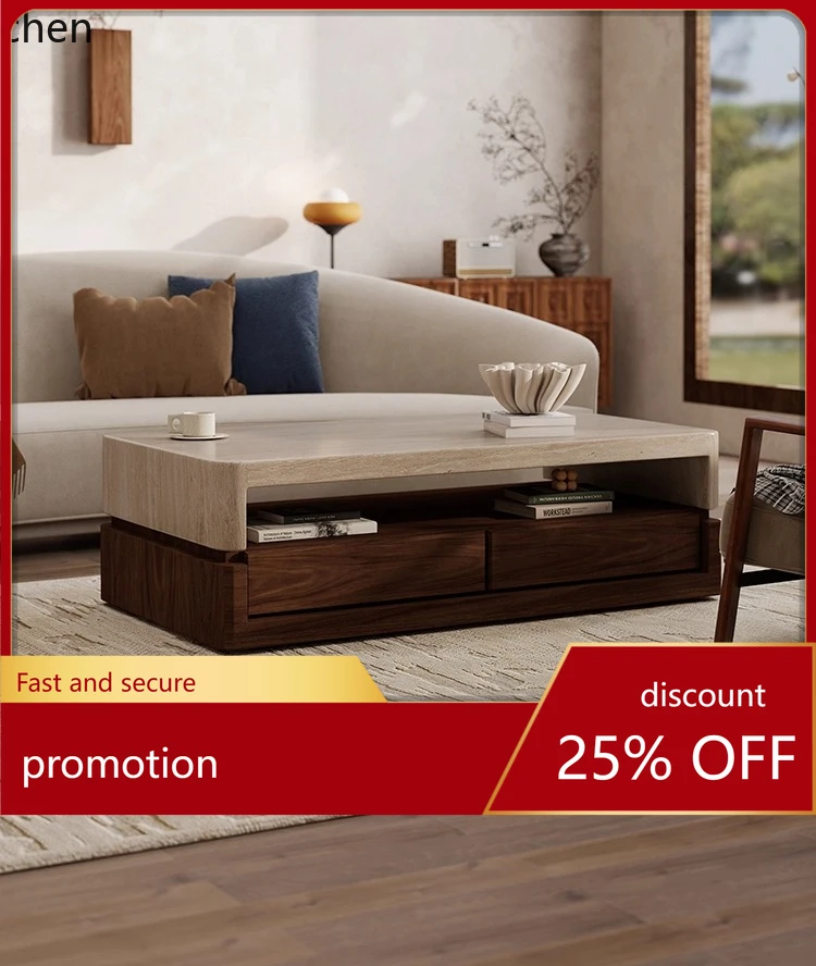 ZML Solid Wood Walnut Marble Surface Travertine Antique Style Walnut Coffee Table Rectangular