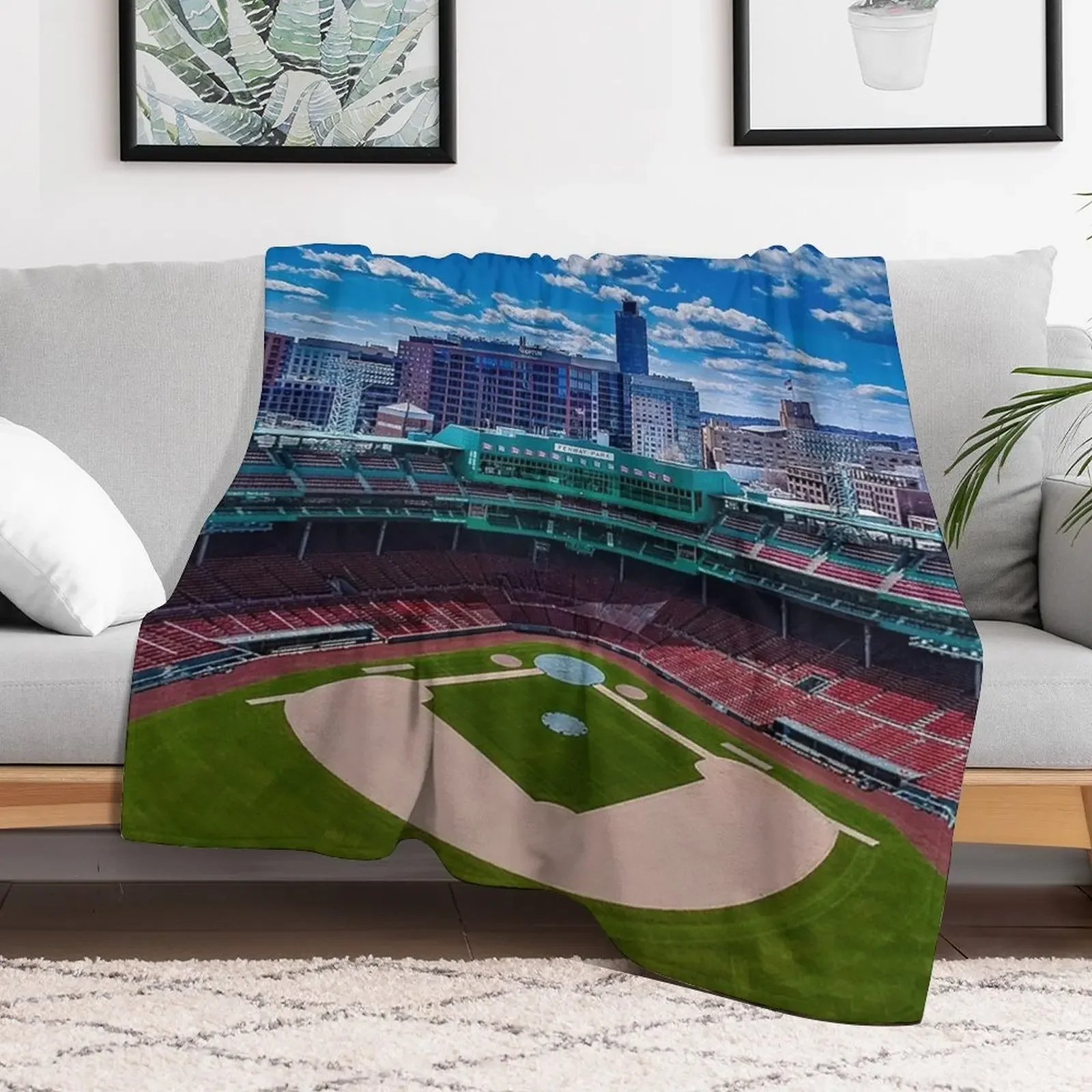Fenway, Boston baseball stadium, ball field, outfield view, Boston Skyline, beantown Throw Blanket Furry Weighted Blankets