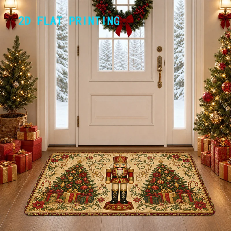 Vintage Nutcracker Pattern Christmas Doormat 2D Flat Print Non Slip Washable Rug For Entrance Bedroom Porch Home Decor