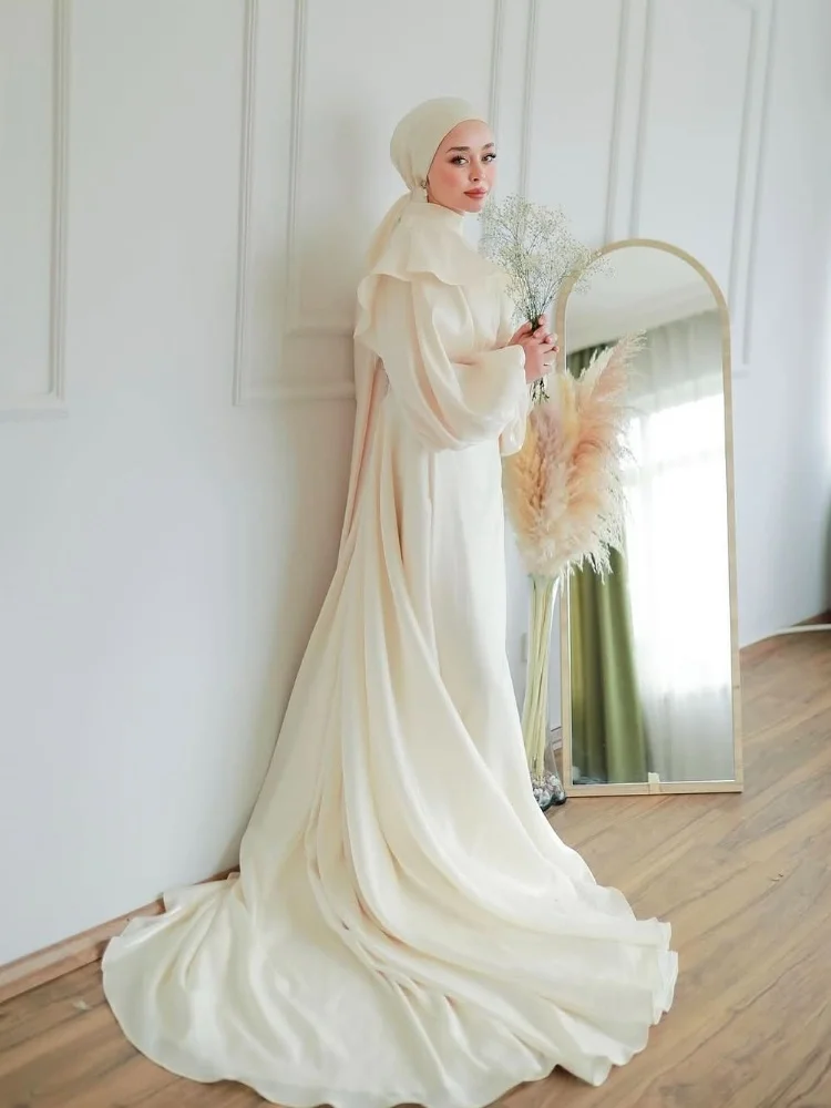 

Muslim Wedding Dresses for Bride High Neck Long Sleeves Sweep Train with Hijab Women Bridal Gowns Customized Vestidos De Novia