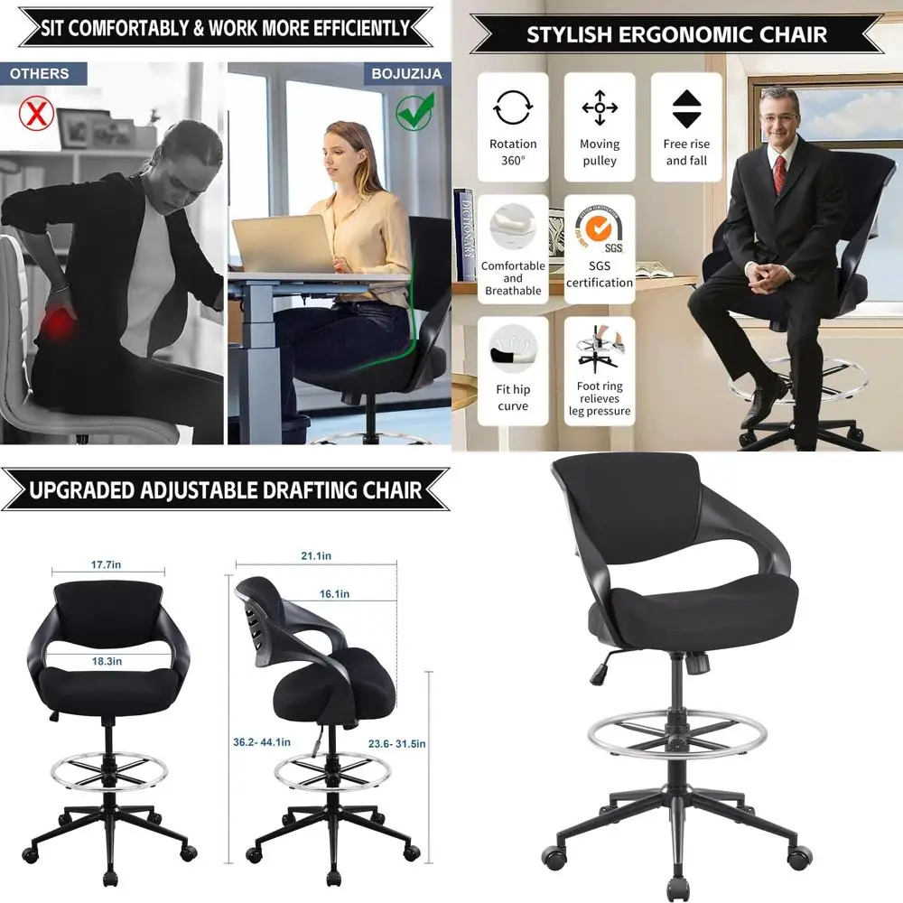 

Черное эргономичное поворотное кресло с поясничной поддержкой и подставкой для ног для столов с регулировкой высоты