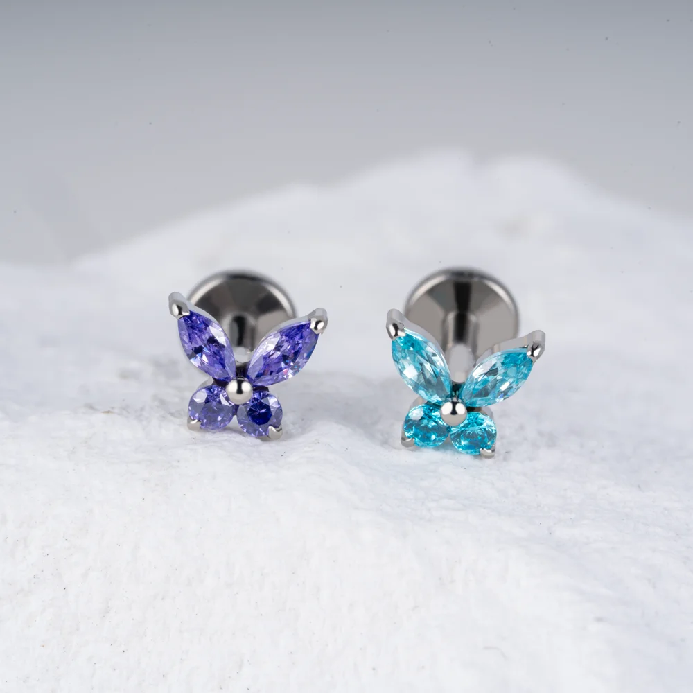 1PC G23 Titanium Butterfly Labret Piercing Lip Stud Cluster Zircon Tragus Flat Cartilage Stud Earrings Nose Piercing Jewelry