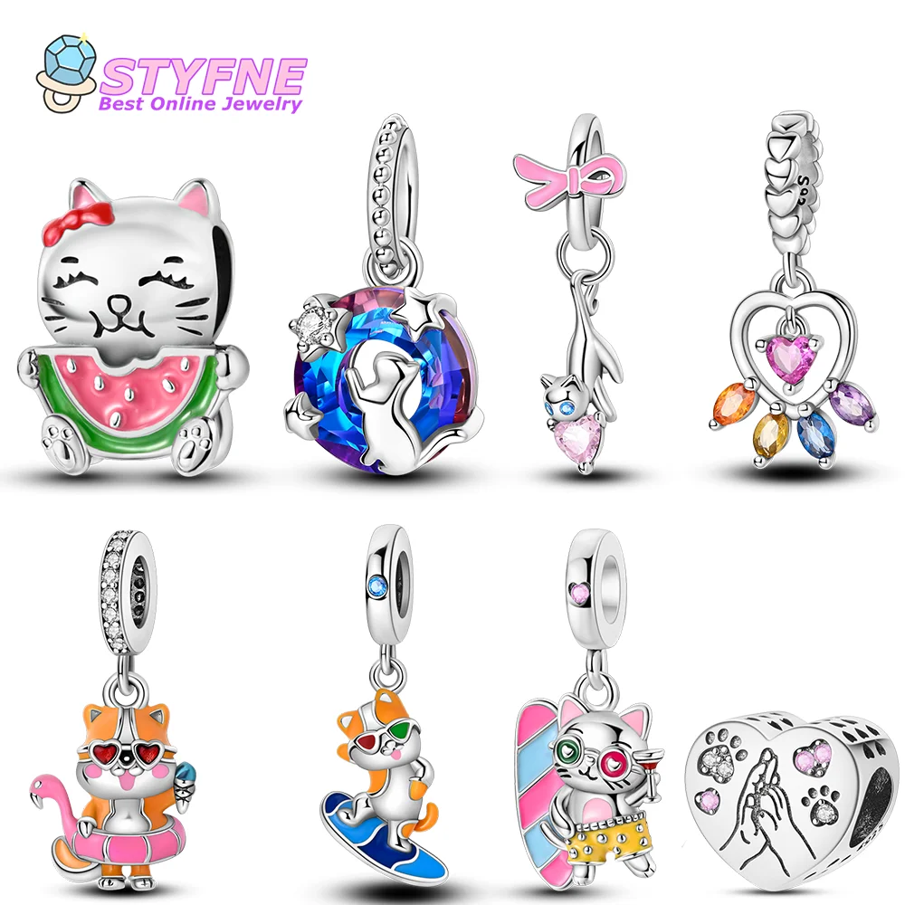 925 Sterling Silver Surfing Cat Pendant Beads Charms fit Bracelets and Necklaces Dangle Pendants Fine Jewelry for Women Girls