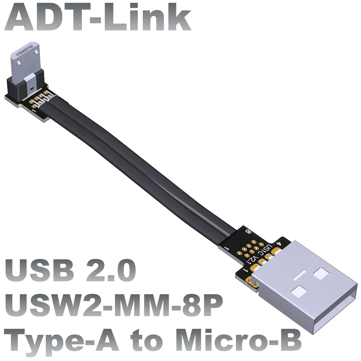 USB2.0 Thin  Short Flat A Male Angle Turn Micro-B Male High Current Power Supply Data cable ADT