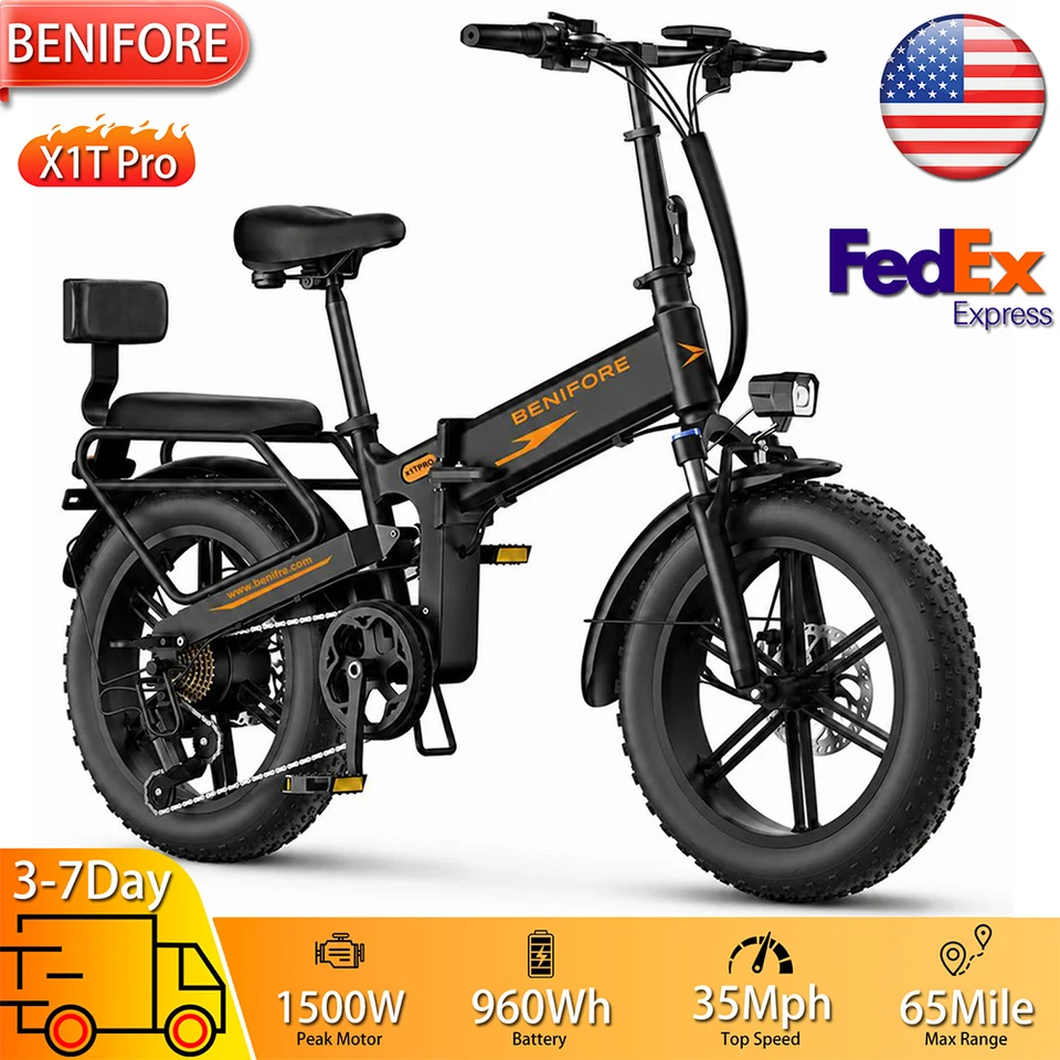 Benifore X1T Pro Foldable Electric Bicycle 1500W Peak Motor 20" Fat Tire Fully Suspended Electric Bicycle  Top Speed 35Mph Dual Disc Brakes 48V 20Ah Battery 90NM Max Load 330Ibs New