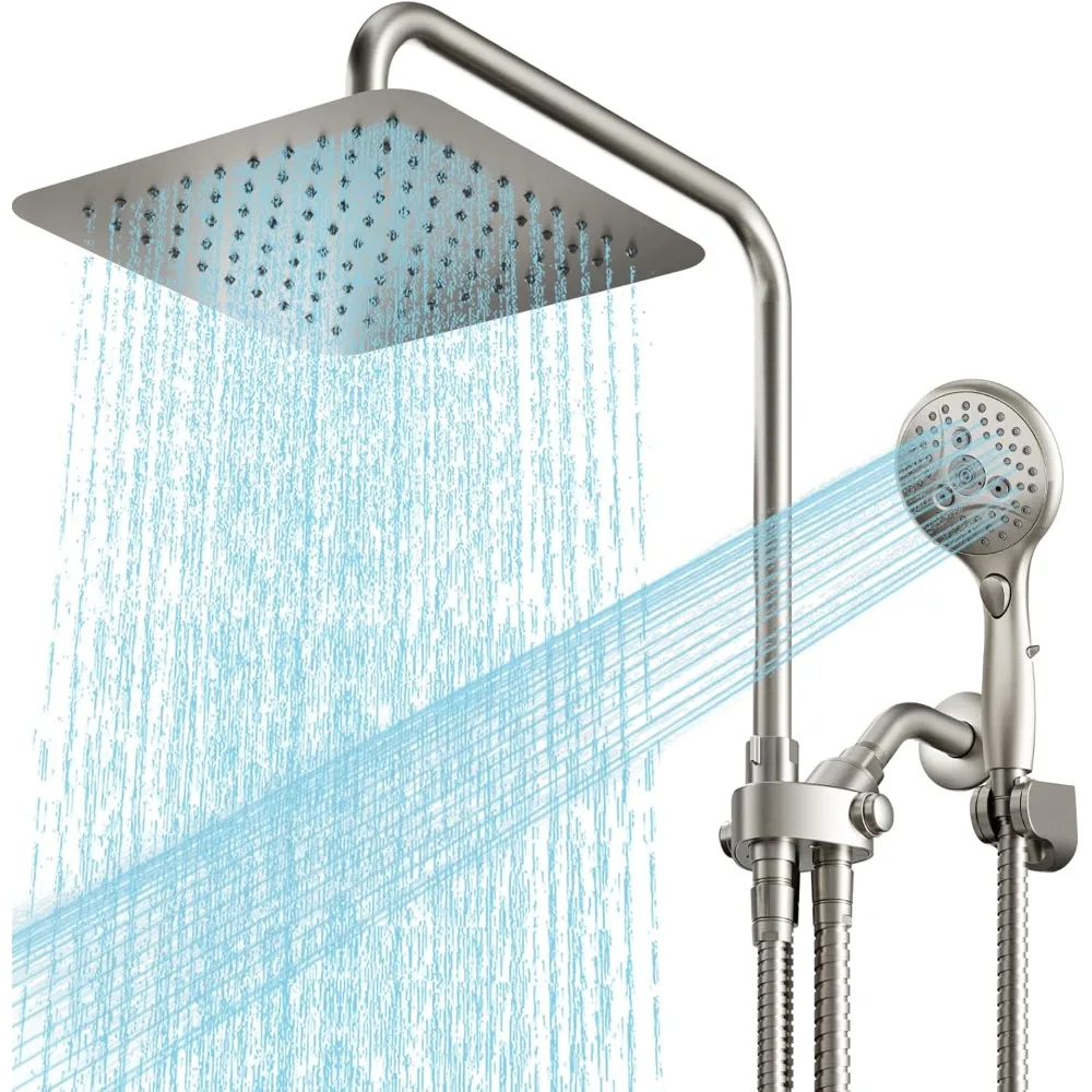 

10 Inch Big Square Rain/Rainfall Shower Head with Adjustable Height, High Pressure 7 Modes Shower Head with Handheld Spray