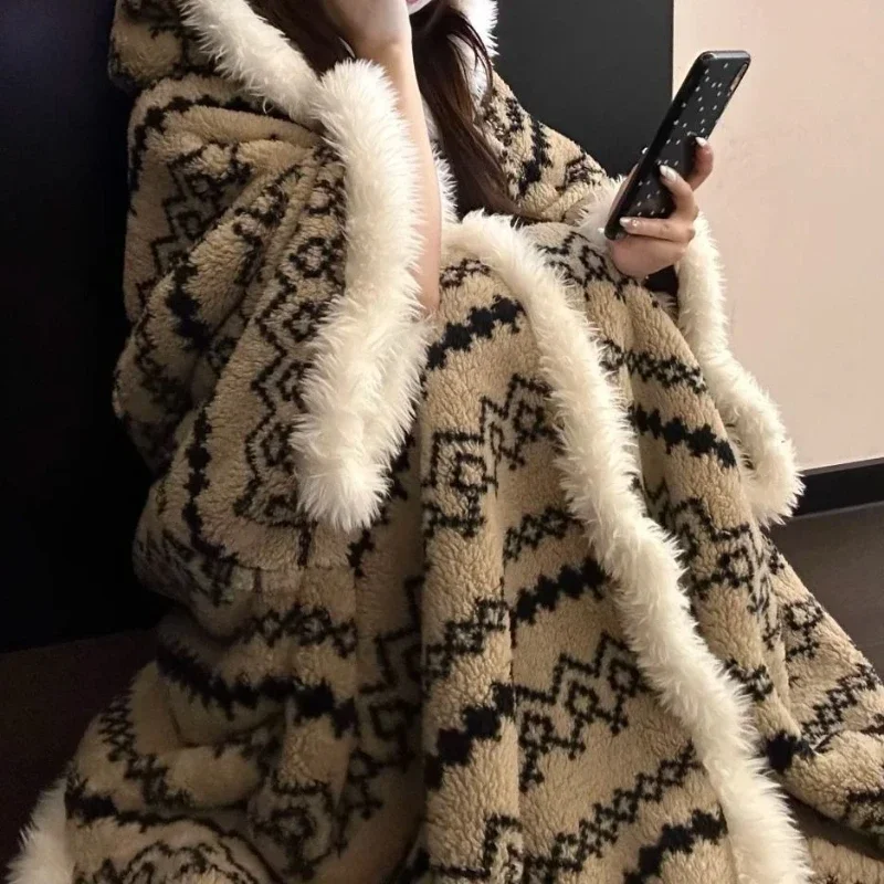 Striped Coral Fleece Pajamas Women's 25 New Winter Hooded Robe Nightgown Fleece Thickened Loungewear Set