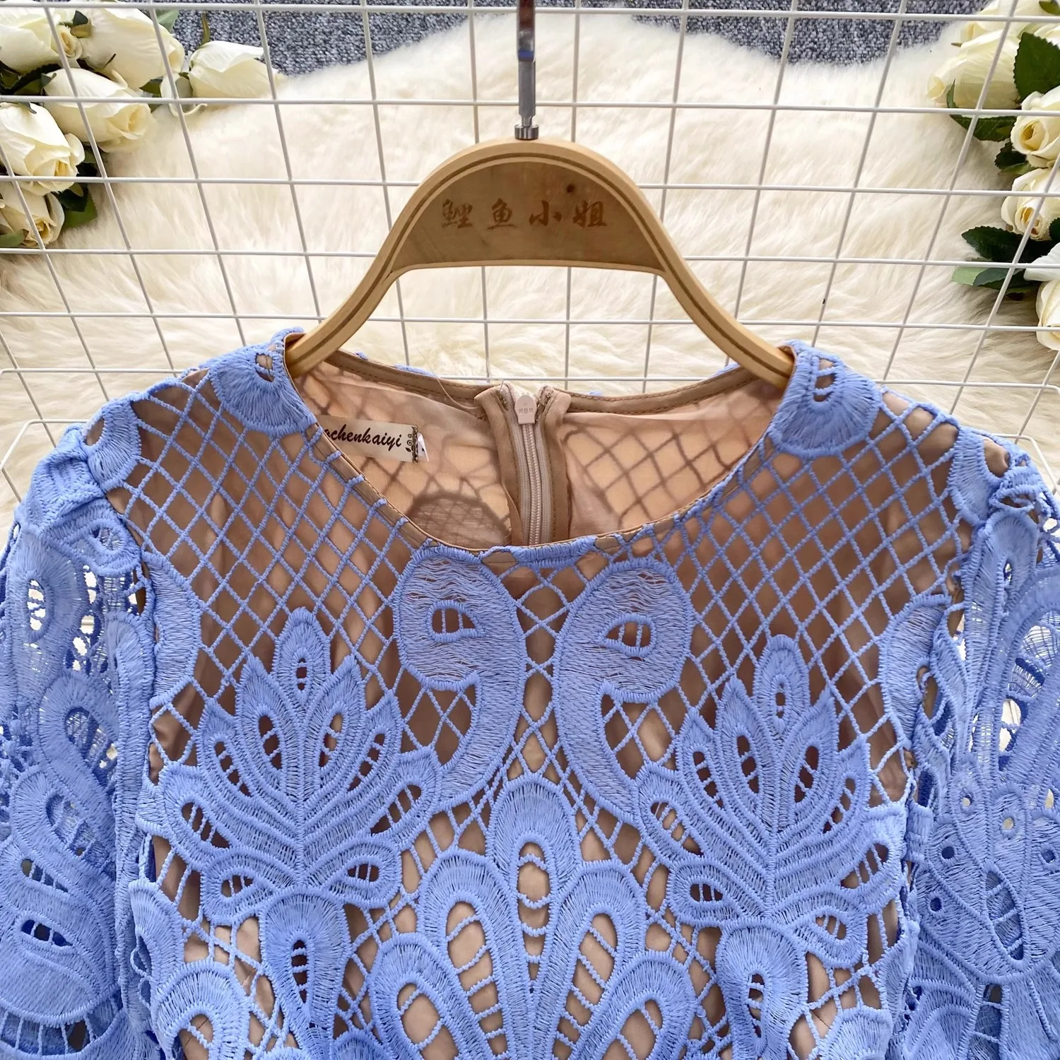 French Crochet Lace Flower Embroidery Hollow Out Long Dress Women\'s O Neck Short Sleeve Solid Color Slim Casual Office Vestido