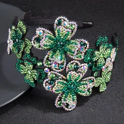 Czech Rhinestone Green Flower Big Headband Korean Luxury Wide Edge Toothed Anti-slip Colorful Crystal Headband Hair Accessories