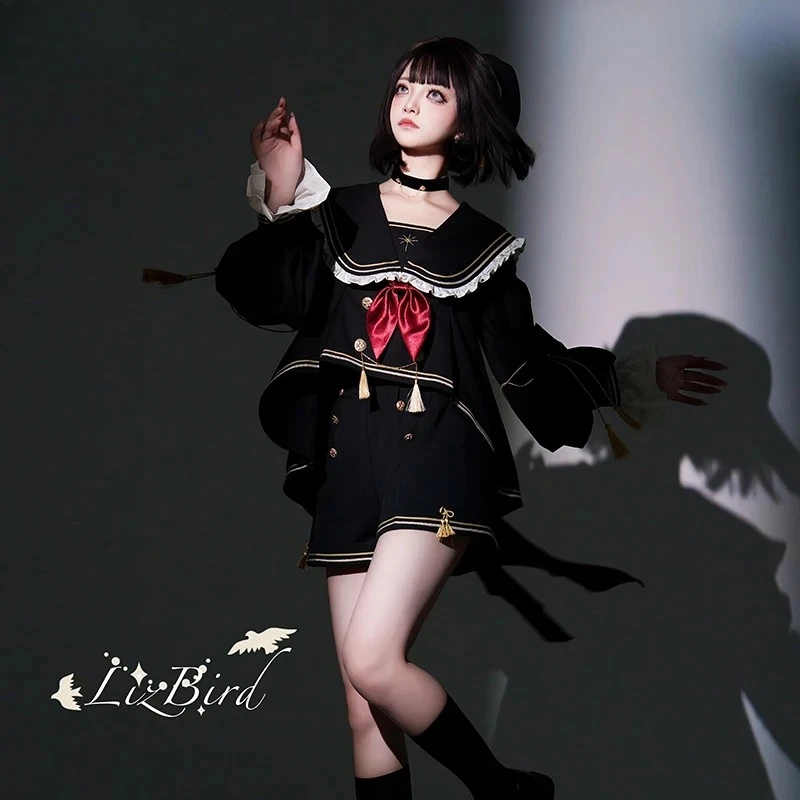 ญี่ปุ่นOriginal Lolita GorgeousวิทยาลัยชุดสาวหวานNavy Collarเสื้อแขนยาวและกางเกงขาสั้นเอวสูงตรงชุด