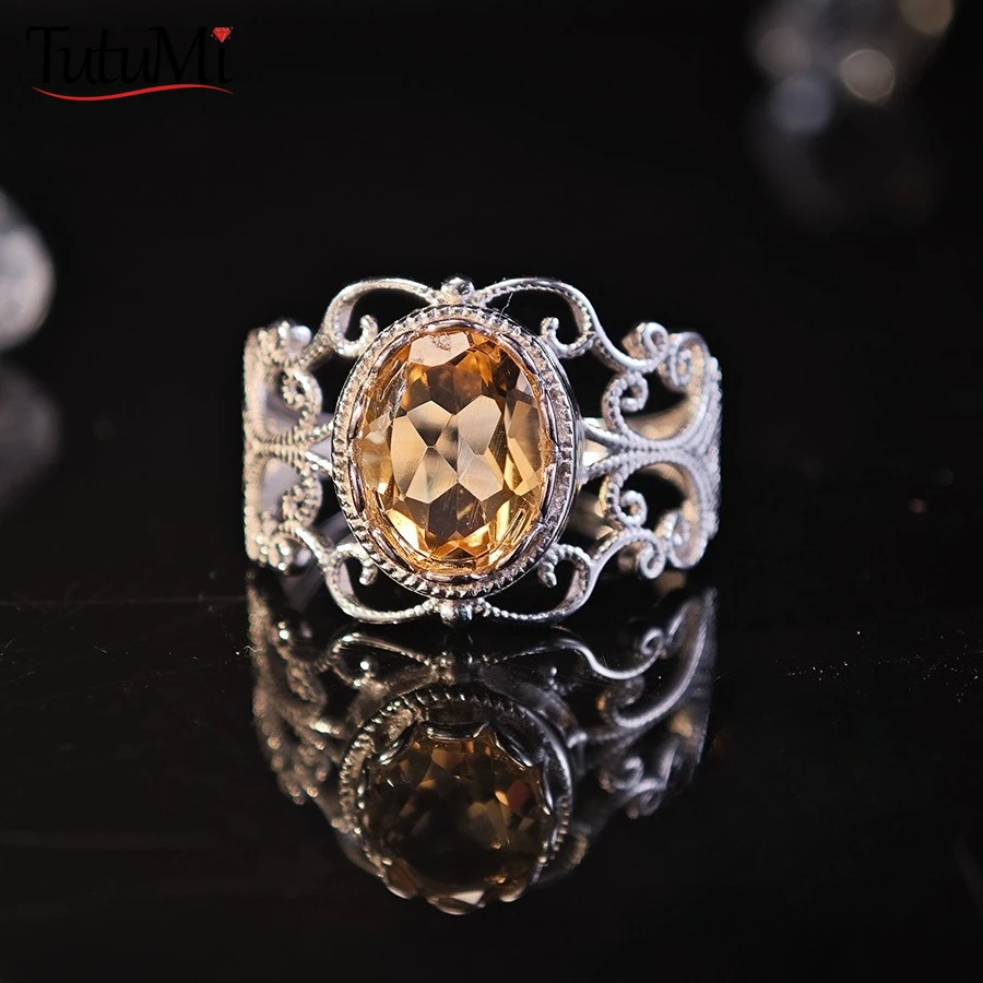 

S925 Sterling Silver Natural Citrine Ring Geometric Section Lace Hollow Design Vintage Style Ring Anniversary Gift for Women