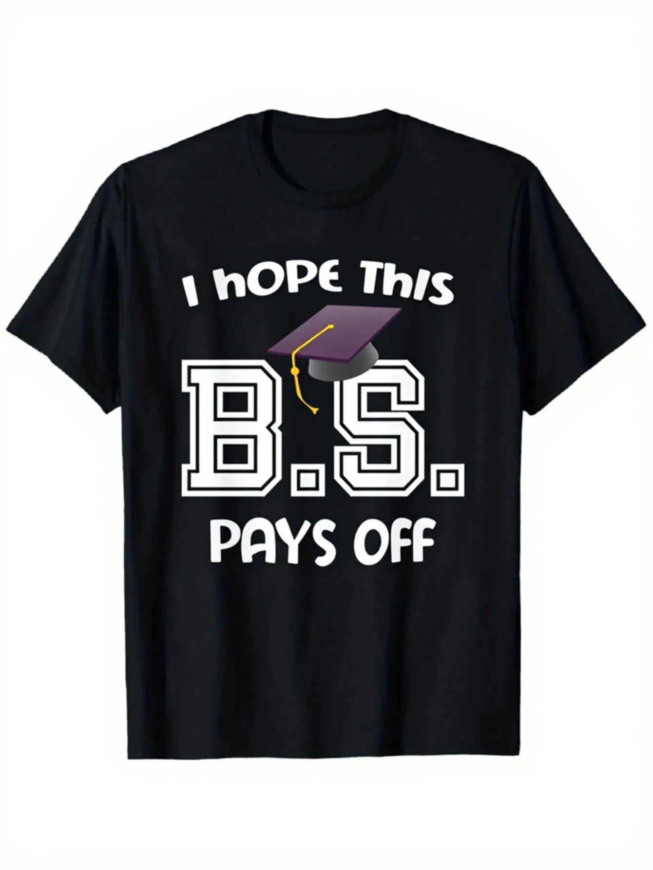 Funny Men's Black Graphic T-Shirt Graduation Cap B S Pays Off Bold Letter Print College Humor 100% Cotton Heavyweight Short Sleeve Casual Streetwear Tee