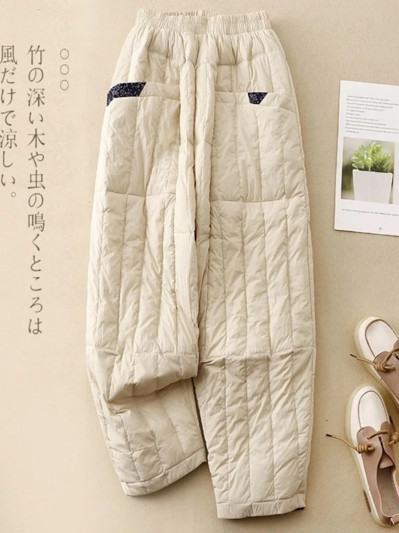

Женская одежда 2025, зимние пуховые хлопковые брюки в стиле ретро с лоскутным принтом, легкие и теплые повседневные стеганые брюки с широкими штанинами W1061