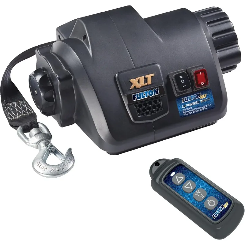 

Fulton 500620 XLT Powered Electric Boat Trailer Winch with 15 Foot Winch Strap with Hook, 7,000 lbs. Capacity, Wireless Remote I