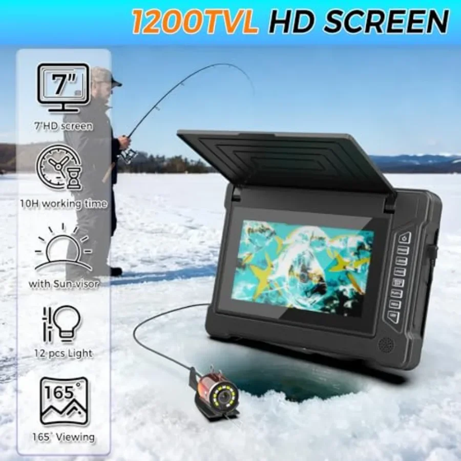Underwater Fishing Camera for Ice Fishing, Lake, Sea, Boat, Kayak: 7 LCD Monitor, Portable Fish Camera with 12pcs Light, 100ft/