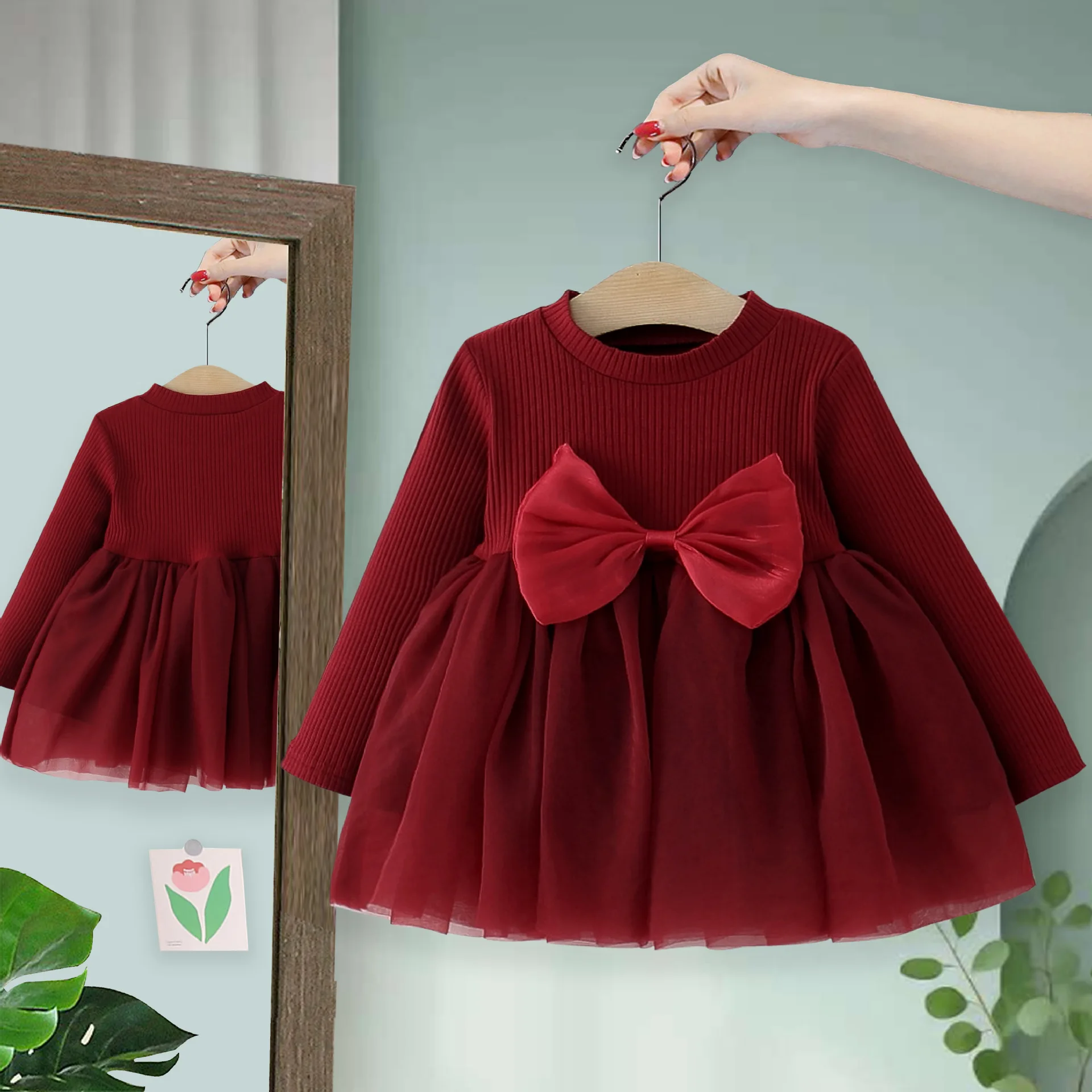 Spring fall Baby Girls' Clothes Bow Long Sleeve Dress costume for infant Girls' Cloth 1st Birthday Christmas tutu Dresses dress