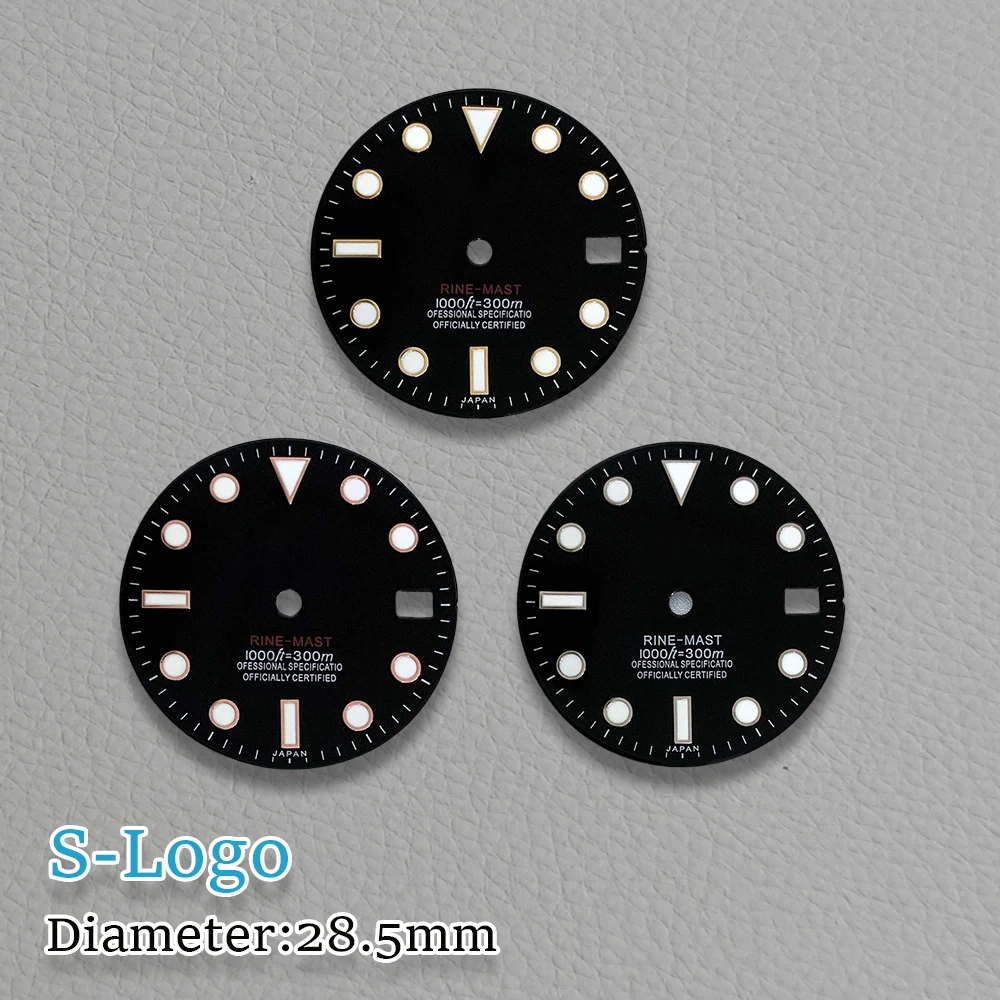 Esfera NH35 de 28,5mm con logotipo S, esfera negra compatible con NH35/NH36/4R/7S, movimiento automático japonés, accesorios de reparación de relojes luminosos verdes