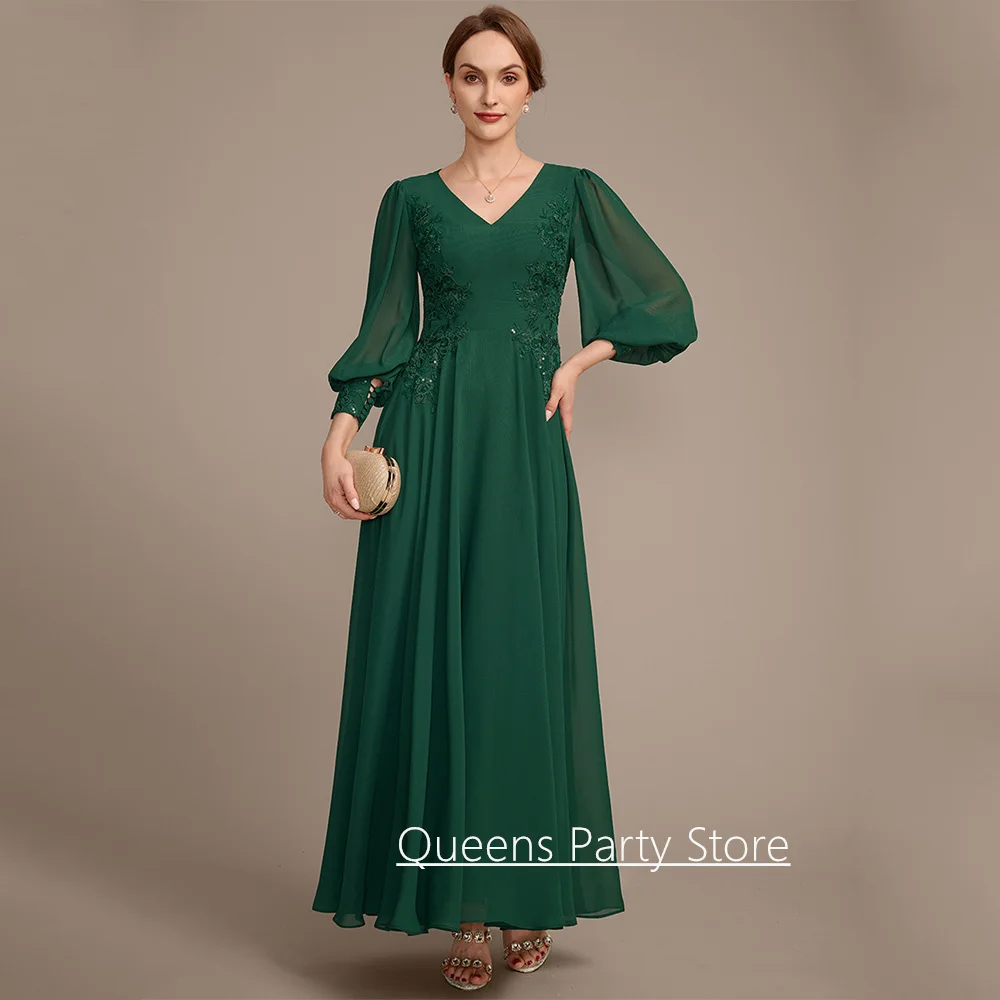 Vestido sencillo para la madre de la novia, personalizado, con cuello en V, mangas abullonadas, apliques de lentejuelas, largo hasta el tobillo, de gasa, para invitadas de boda