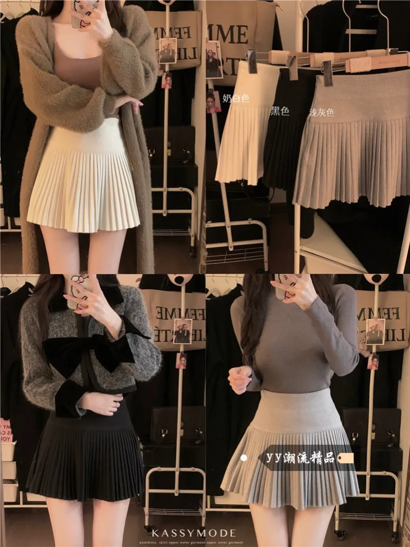 

Design Sense: High Waisted Gray Knitted Pleated Women's Autumn And Winter A-Line Skirt, Short White Skirt