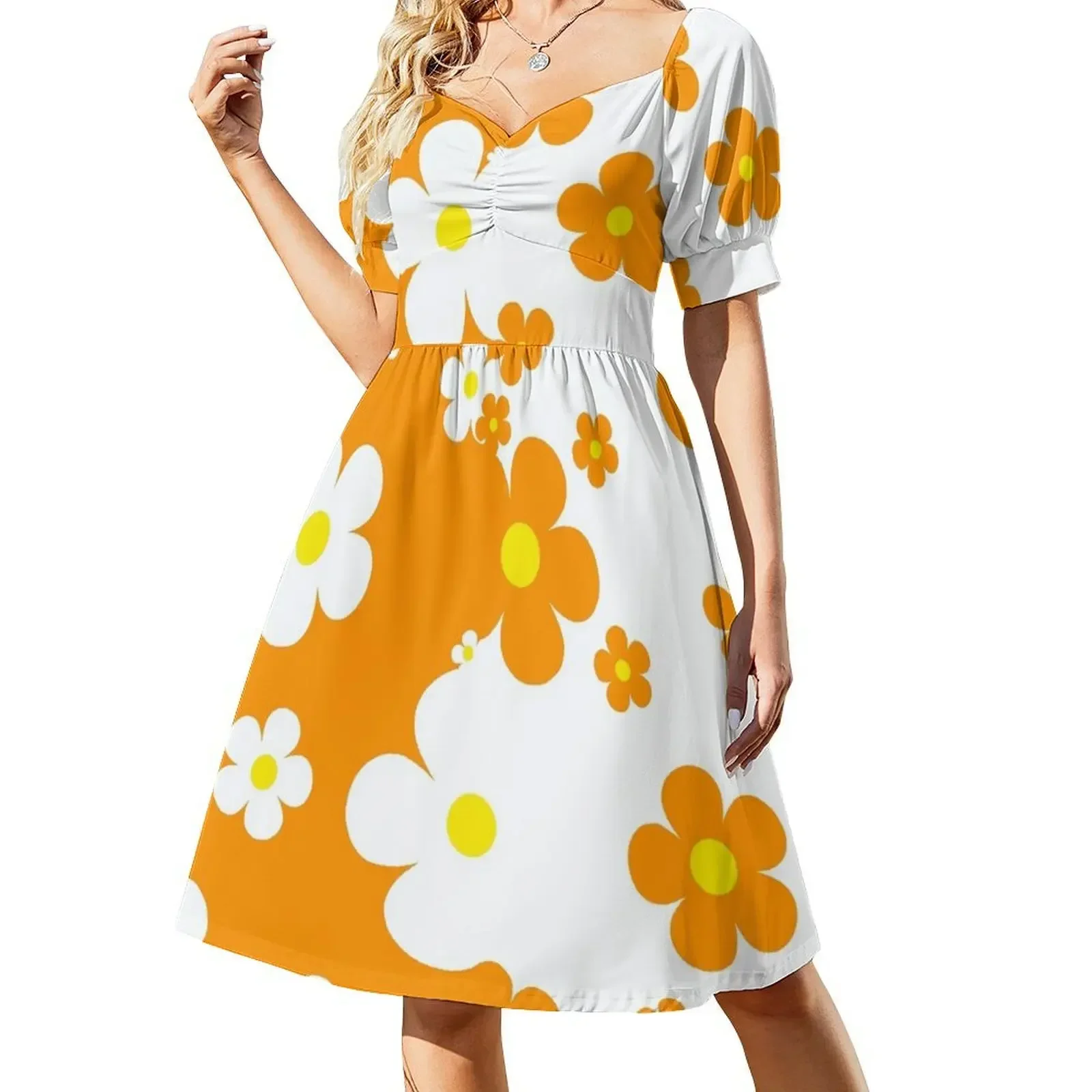 

60's Retro Pop Small Flowers in Orange and White Short-Sleeved Dress elegant dress luxury woman evening dress