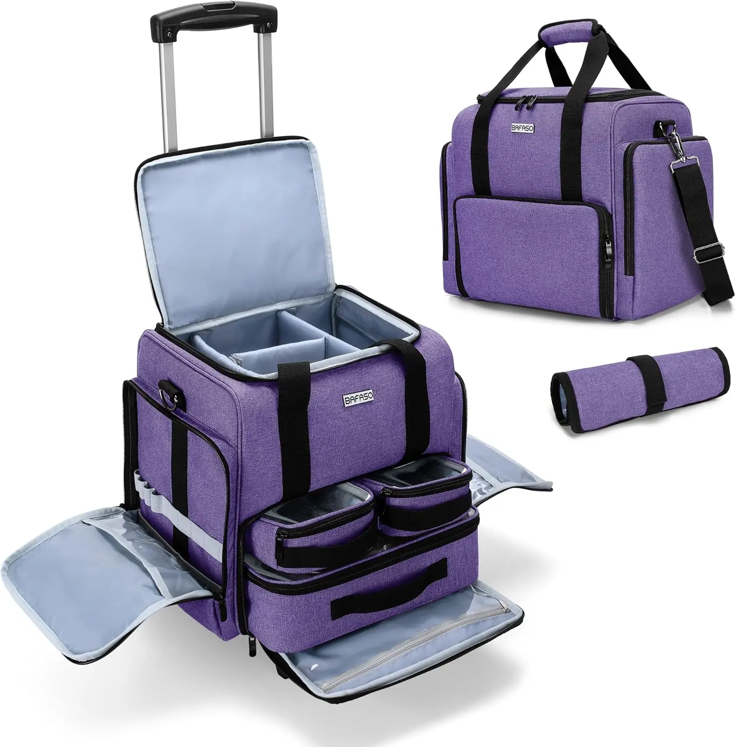 Rolling Makeup Case with 3 Removable Pouches and Brush Bag, Professional Cosmetic Train Case Detachable Dolly, Purple