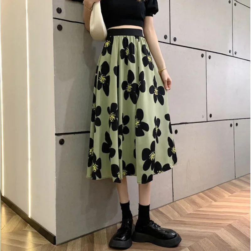 2025 Summer Women's High Waist Slimming Green Flower Skirt A-Line skirt
