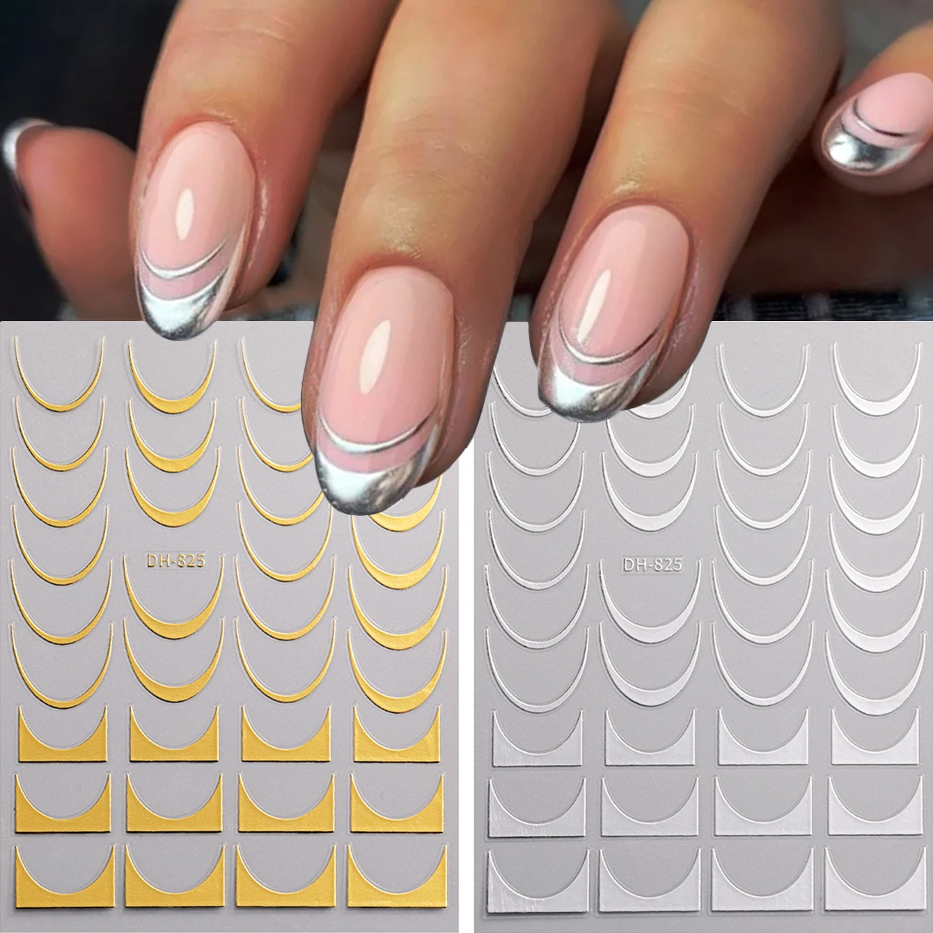 Glitter nagelstickers met Franse punt - zelfklevende gouden en zilveren booglijnen voor salon-perfecte nagels DIY decoratieve artikelen