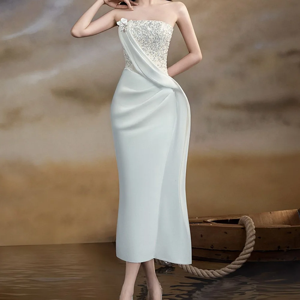 

Strapless Straight Pleats Sleeveless Satin Saudi Arabia Evening Gowns Ankle Length Solid White Flowers Crystal Beading Classic