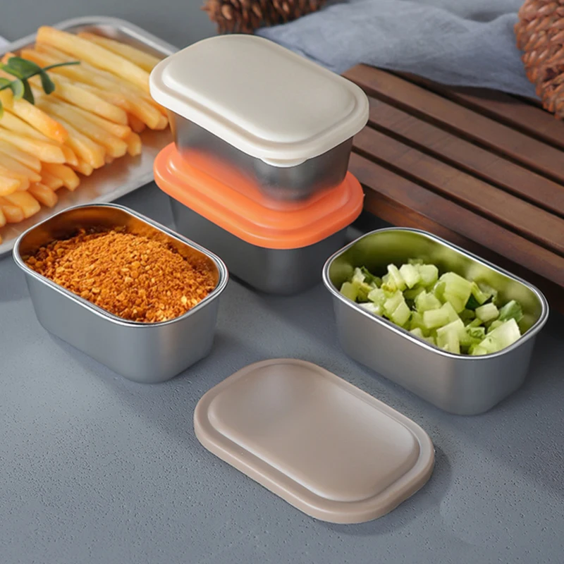 1Pcs 304 Stainless Steel Sauce Cup With Sealed Lid Seasoning Box Leak-proof Silicone Cover Condiment Container Outdoor Tableware