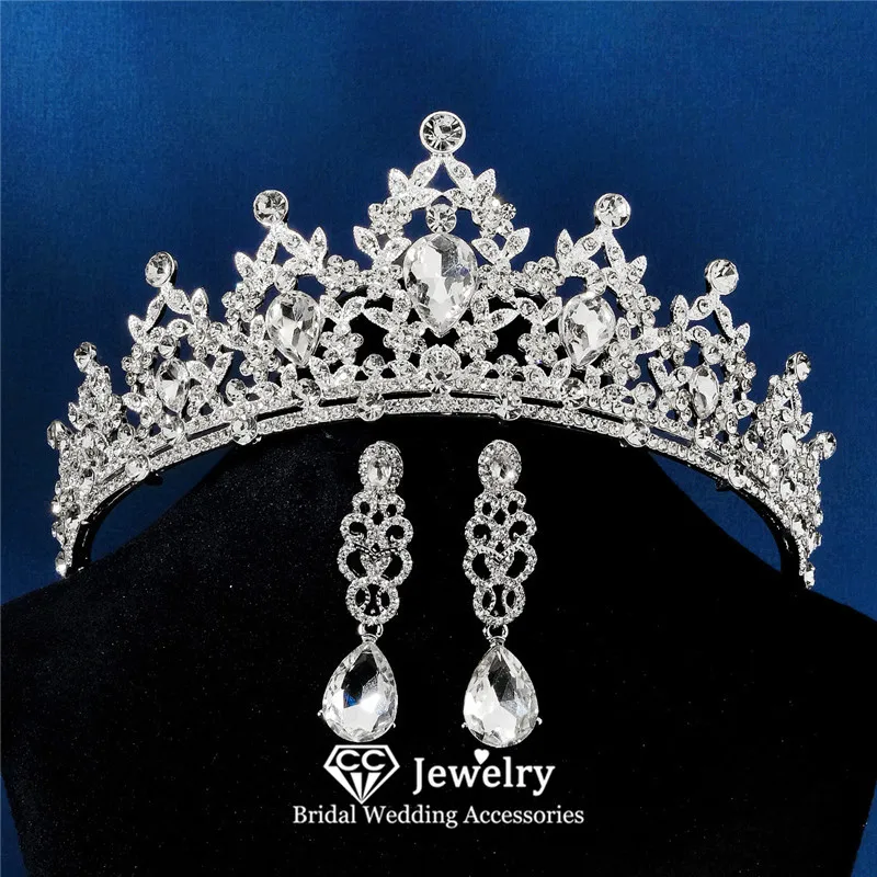

CC Bridal Crown Women Hair Accessories Wedding Hairwear Engagement Jewelry Water Drop Shape Shining Tiaras With Earrings hx587