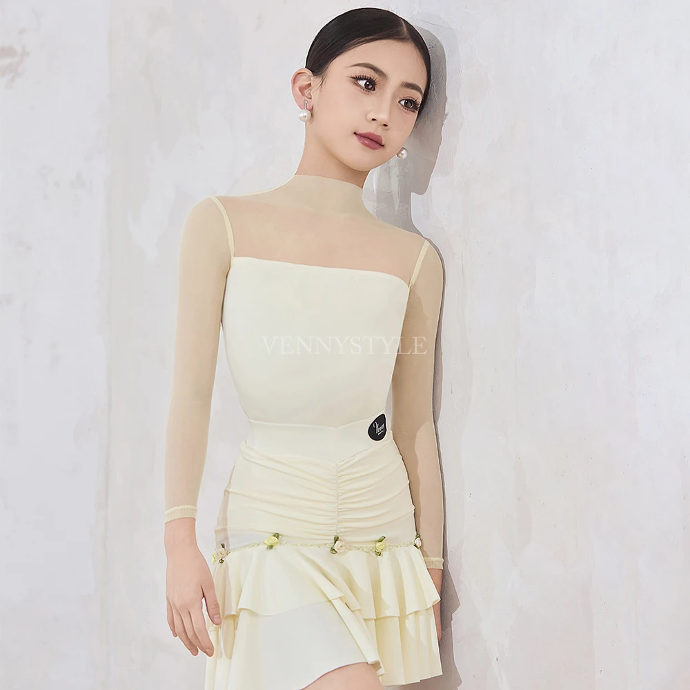 Vennystyle Vestido de baile latino para niñas, falda de práctica ajustada floral de manga larga, traje de baile de salón