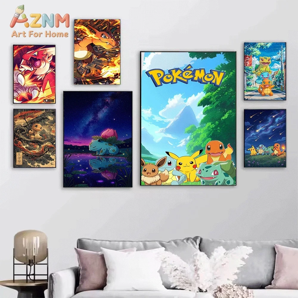 AZNM Charizard Evolution Family Fire‑Type Anime Creature Flame Cloud Canvas Wall Print, Pokemon Cartoon Art Poster, Unframed C